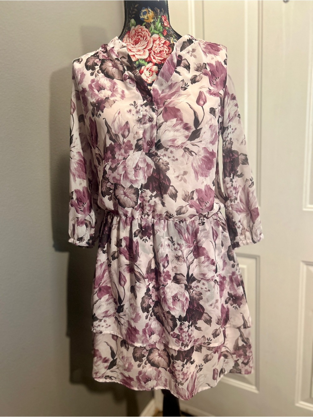 Mohito Collection Floral Tiered Mini Dress Purple Lilac Watercolor Size 36 S